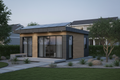 Modern 800 sq ft ADU backyard render with flat roof solar panels