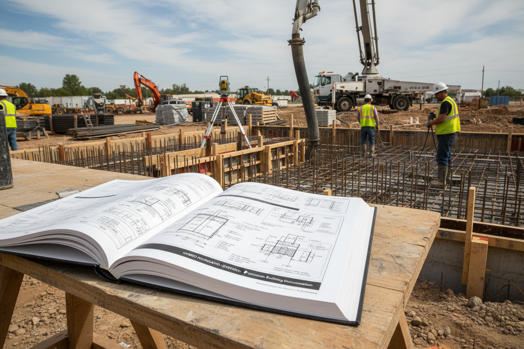 Construction detail book beside foundation pour