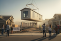 Modular home crane-lift on fire-damaged lot