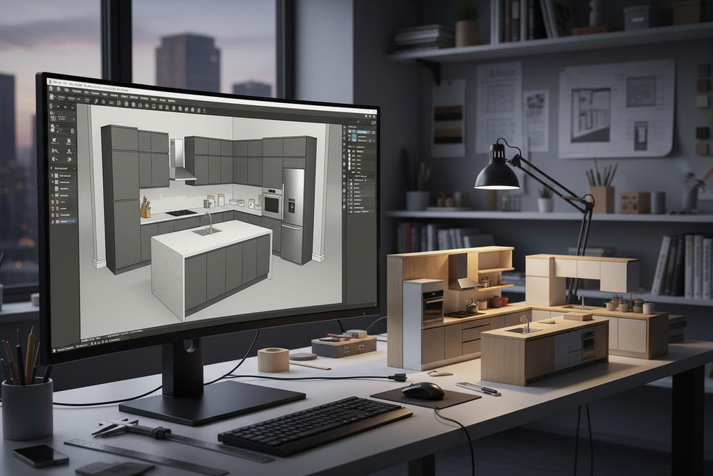 SketchUp kitchen configuration beside physical mockup