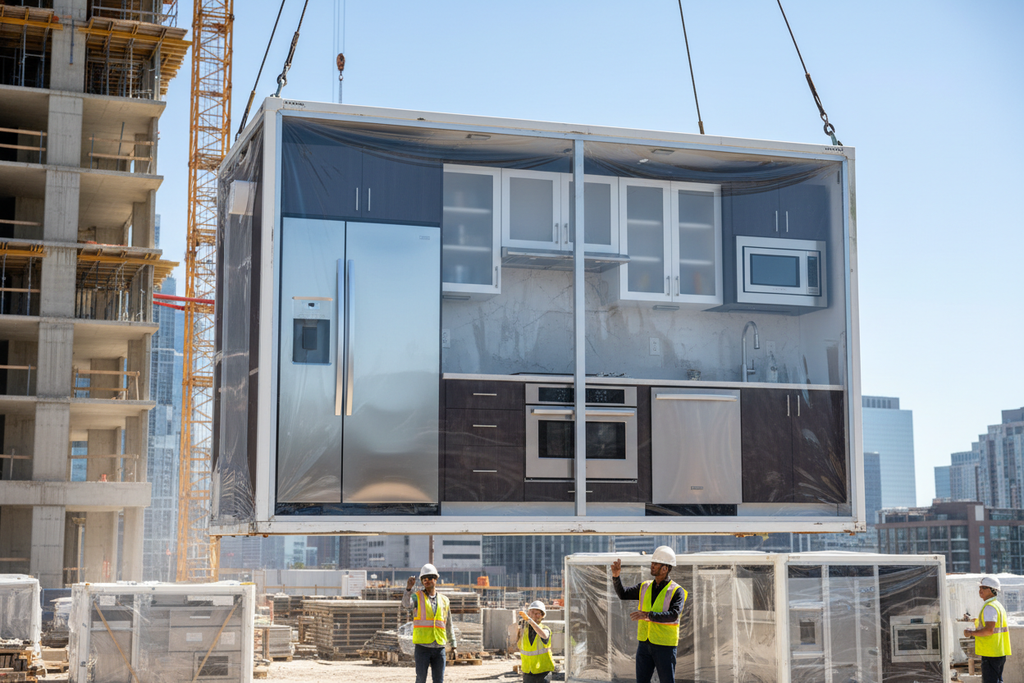 Factory-fresh kitchen module being crane-delivered