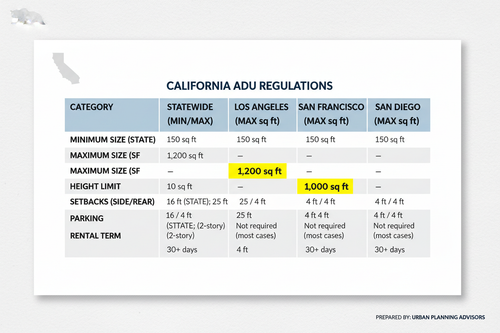 Zoning cheat sheet table with California cities