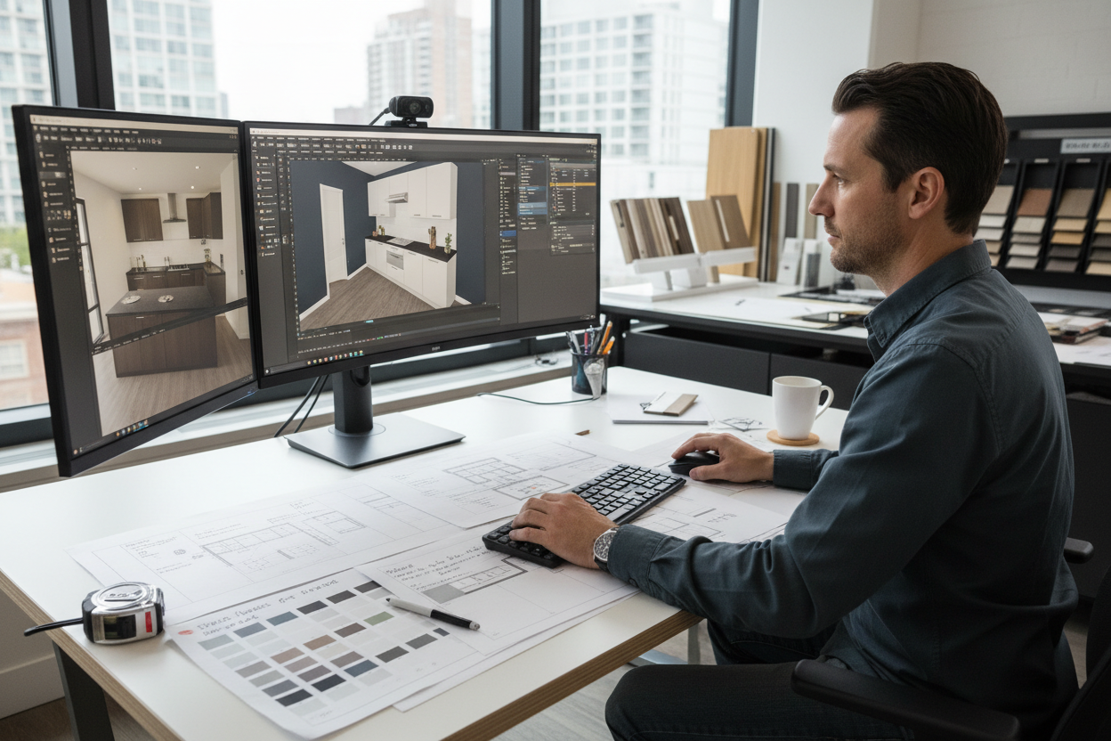 Designer configuring SketchUp kitchen