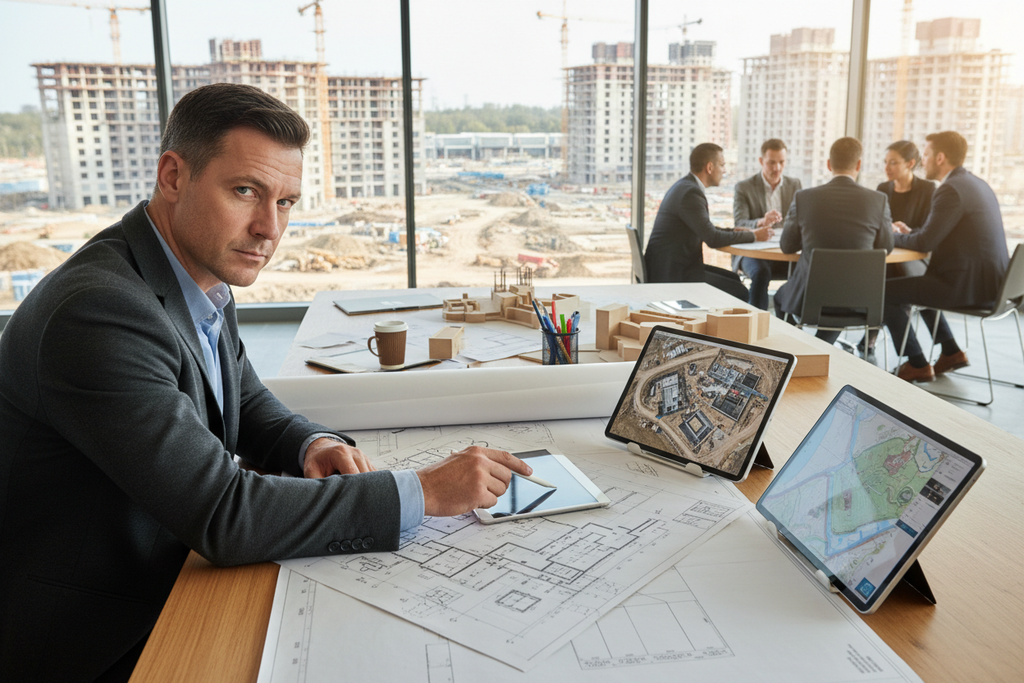 Developer reviewing masterplan with drone capture
