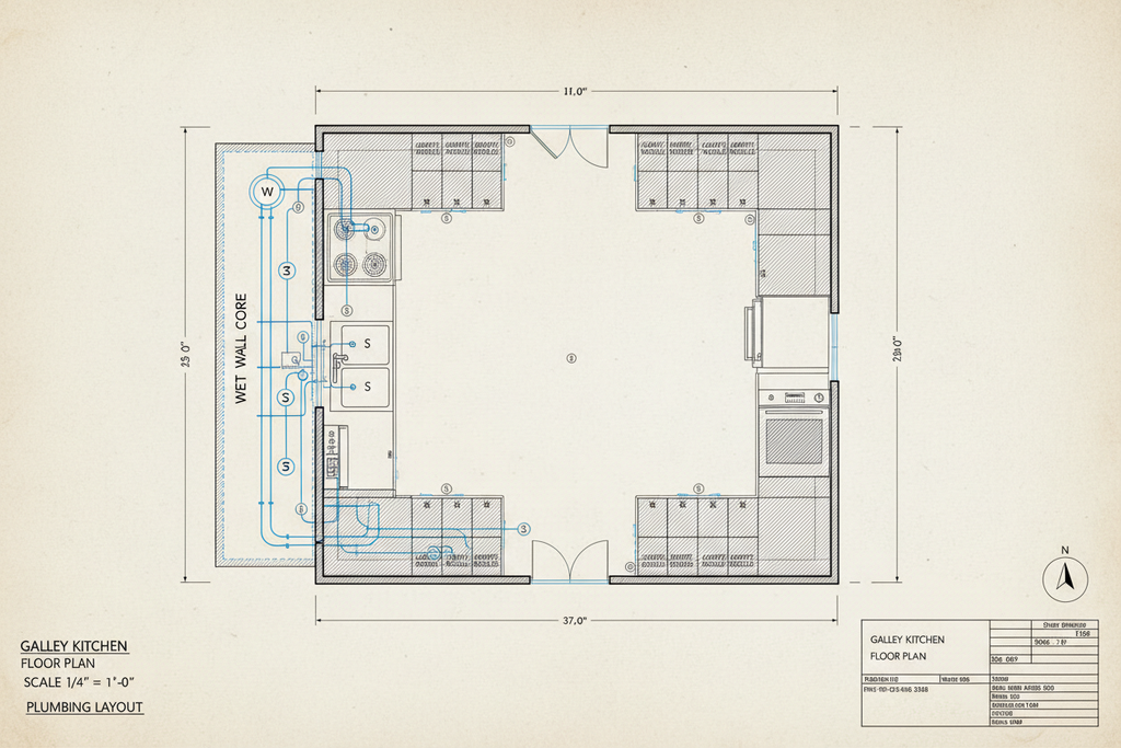Galley kitchen floor plan with wet wall core