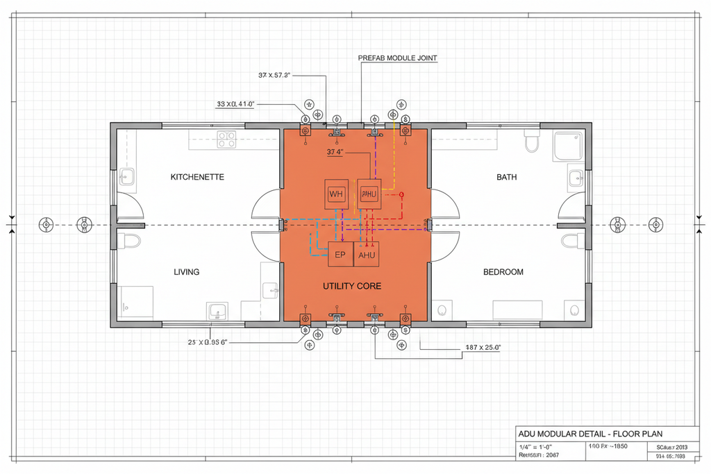 ADU floor plan detail with prefab module joints