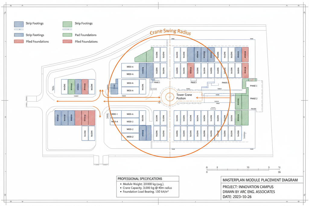 Masterplan module placement with crane radius