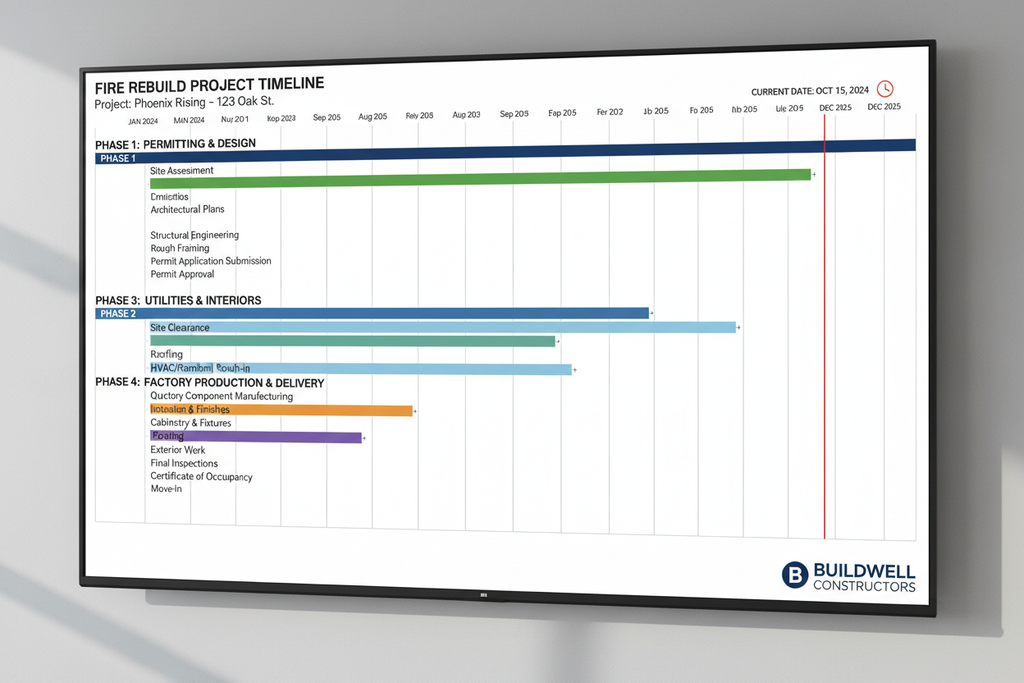 Fire rebuild Gantt chart timeline