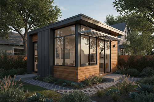 Backyard ADU render fitting tight zoning envelope