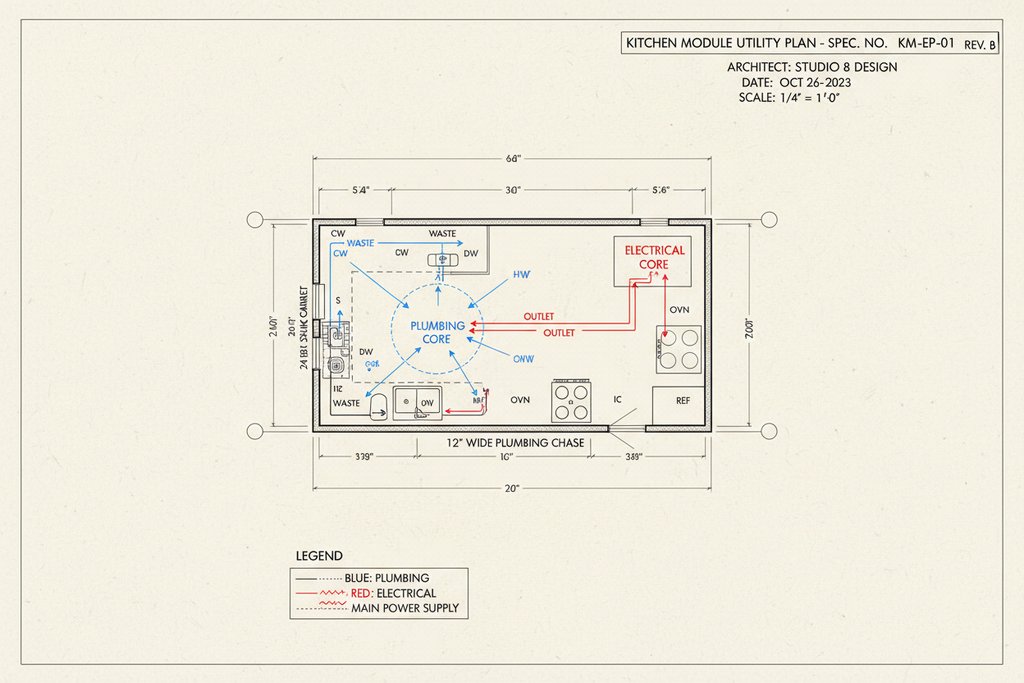 Kitchen module floor plan with plumbing and electrical cores