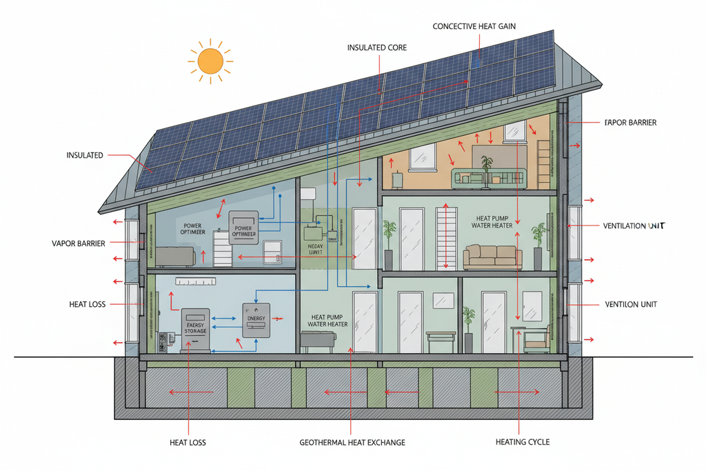 Modular home cross-section showing insulated walls and solar array