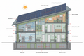 Modular home cross-section showing insulated walls and solar array