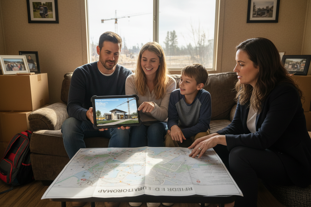 Family reviewing rebuild roadmap at temp housing