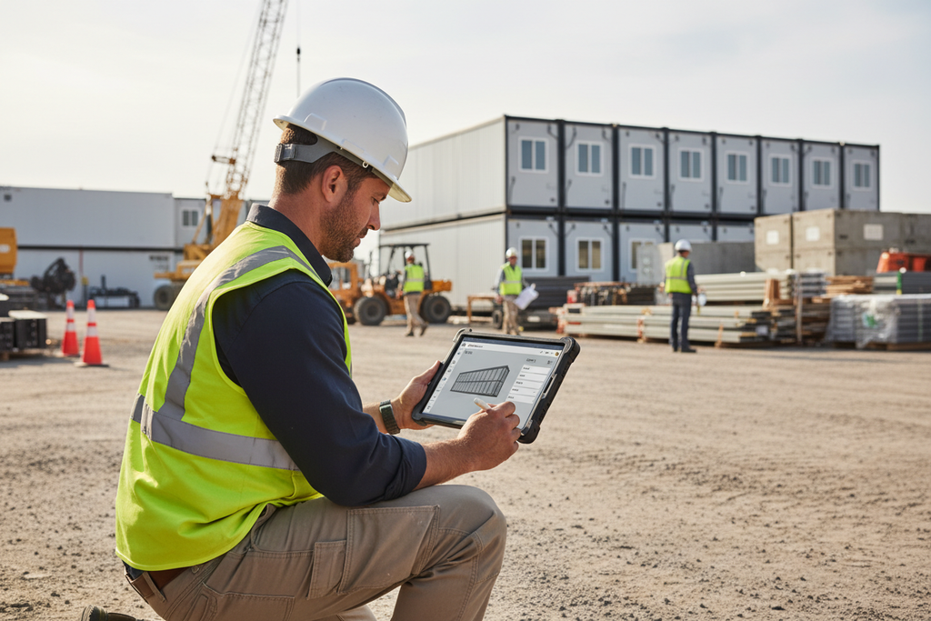 Contractor inputting module dimensions on tablet