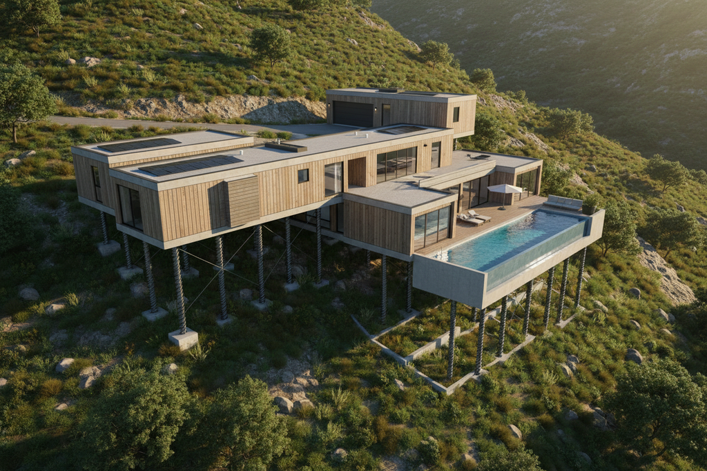 Modular home on helical pile foundation on sloped lot