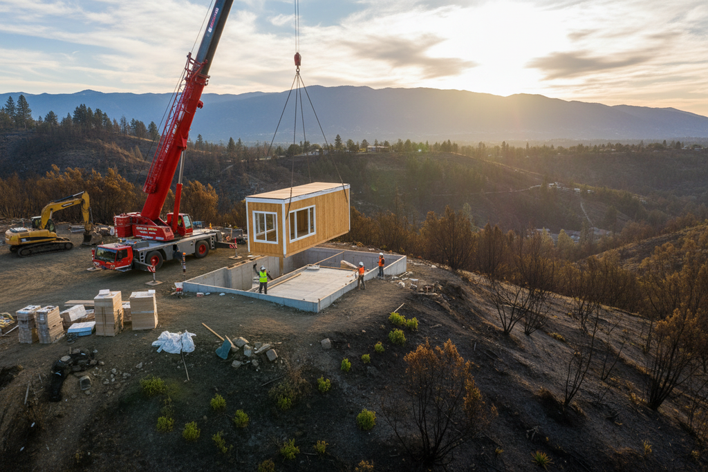 Modular home being assembled on fire-scarred lot with crane