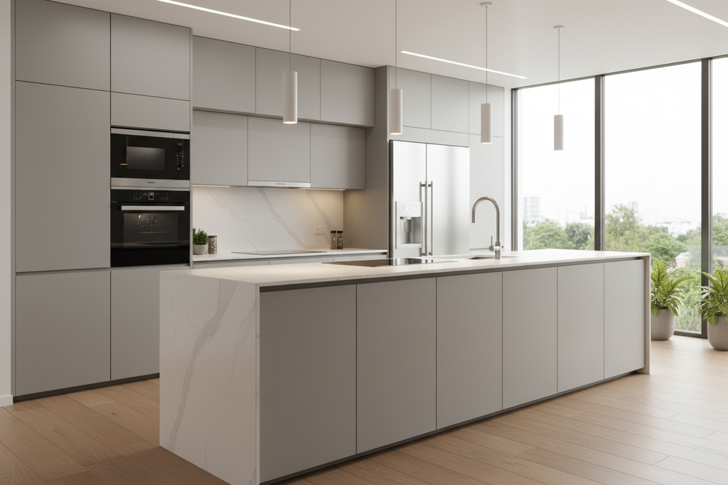Prefab modular kitchen island render with modern appliances