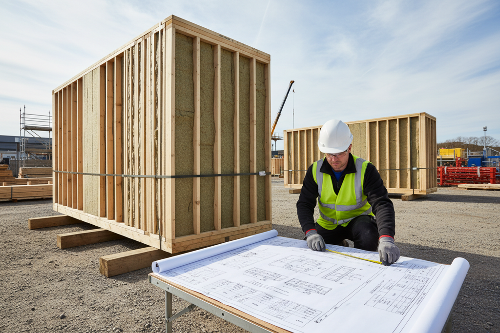 Builder measuring guide beside wall panels